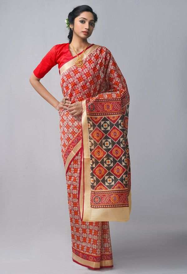 Cream  Screen Printed Chanderi Sico Saree-UNM63540
