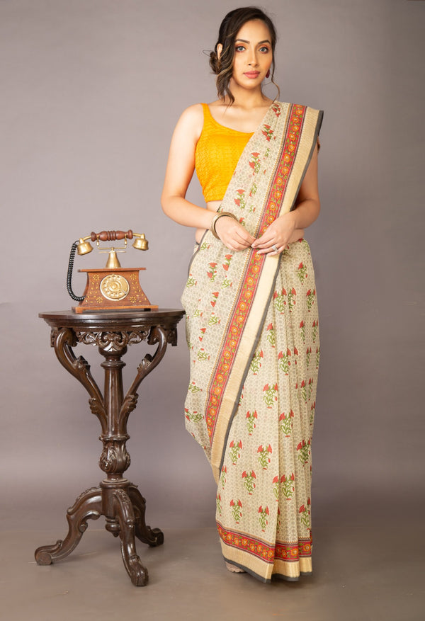 Beige  Screen Printed Chanderi Sico Saree-UNM63541