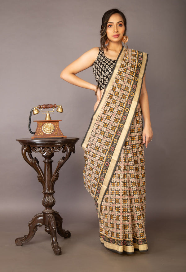 Cream Screen Printed Chanderi Sico Saree-UNM63542