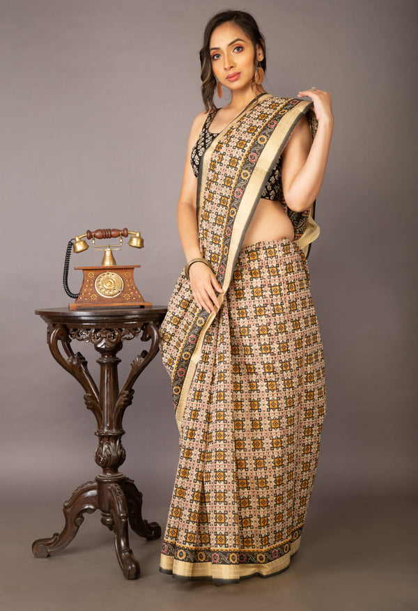 Online Shopping for Cream  Skin Printed Chanderi Sico Saree with Fancy/Ethnic Prints from Madhya Pradesh at Unnatisilks.com India