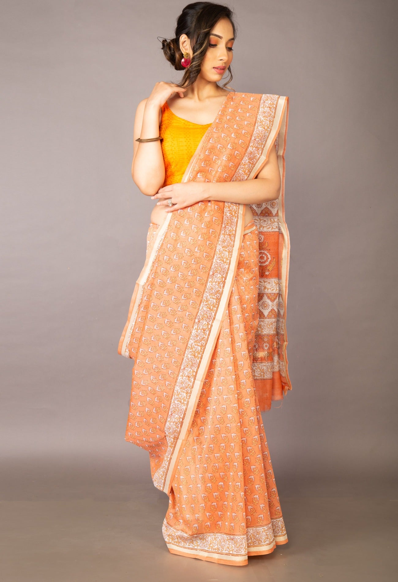 Online Shopping for Orange  Skin Printed Chanderi Sico Saree with Fancy/Ethnic Prints from Madhya Pradesh at Unnatisilks.com India

