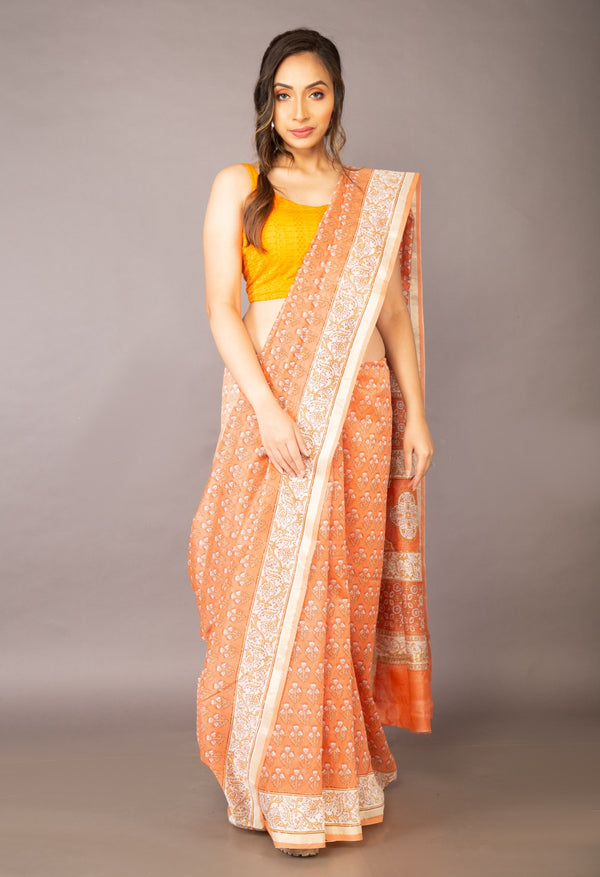 Online Shopping for Orange  Skin Printed Chanderi Sico Saree with Fancy/Ethnic Prints from Madhya Pradesh at Unnatisilks.com India