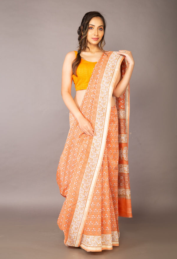 Online Shopping for Orange  Skin Printed Chanderi Sico Saree with Fancy/Ethnic Prints from Madhya Pradesh at Unnatisilks.com India