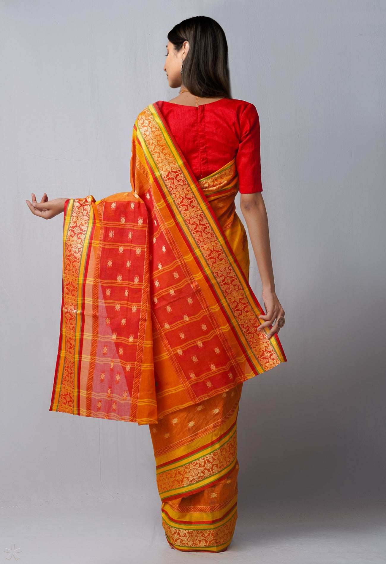 Online Shopping for Yellow-Orange Pure Handloom Tant Bengal Cotton Saree with Weaving from West Bengal at Unnatisilks.com India
