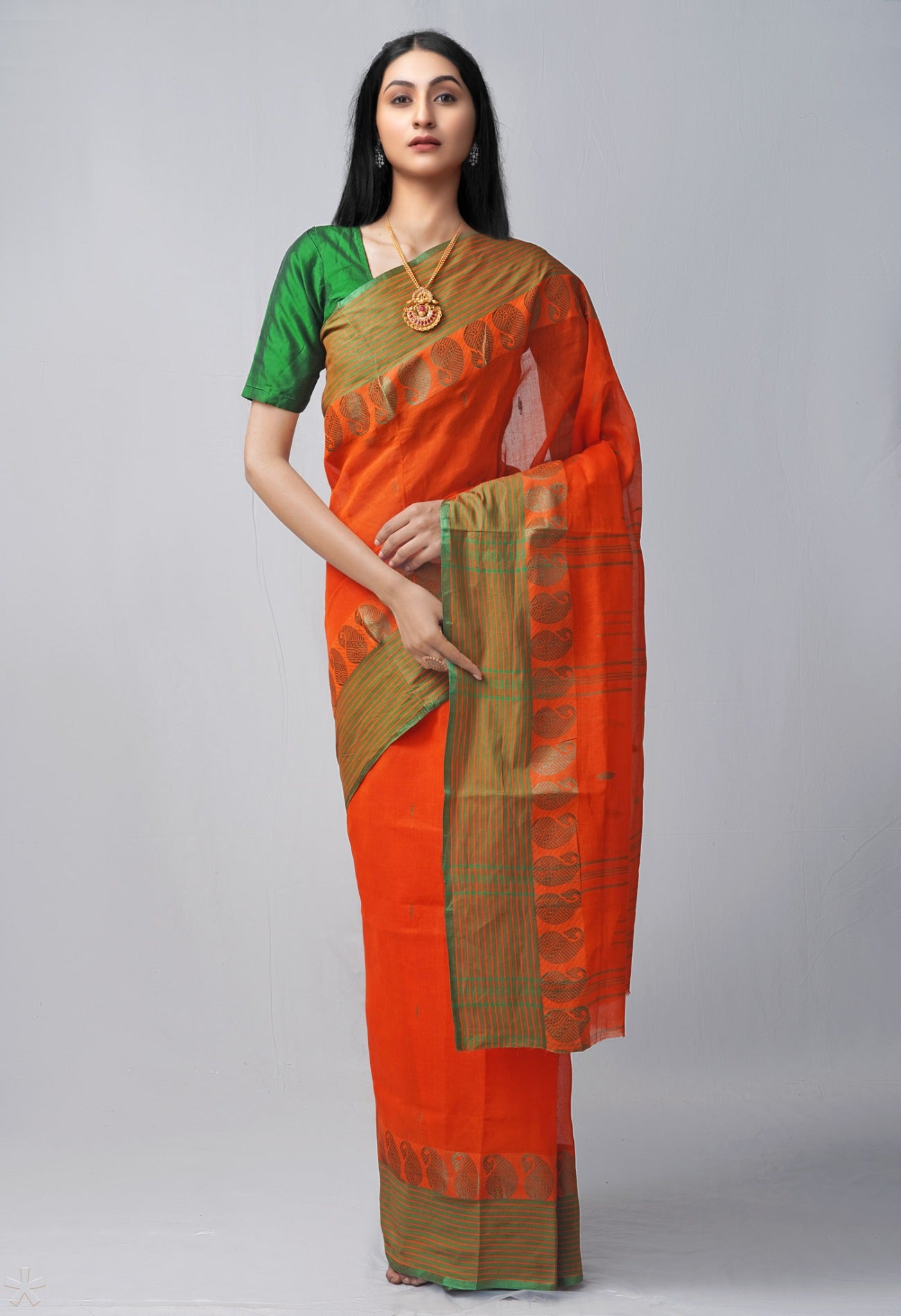 Orange Pure Handloom Tant Bengal Cotton Saree