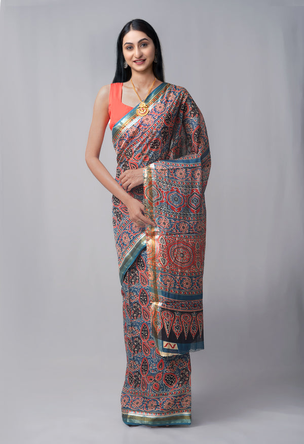 Blue Pure Ajrakh Mulmul Cotton Saree-UNM63603