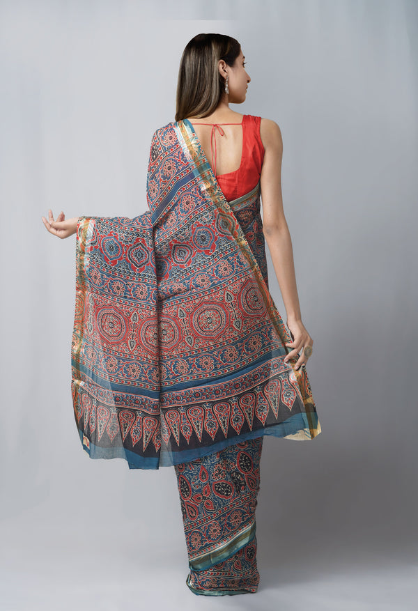 Blue Pure Ajrakh Mulmul Cotton Saree-UNM63603