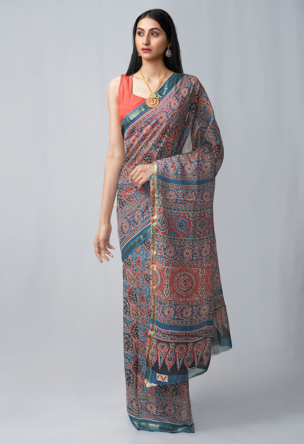 Online Shopping for Blue Pure Ajrakh Mulmul Cotton Saree with Ajrakh from Rajasthan at Unnatisilks.com India
