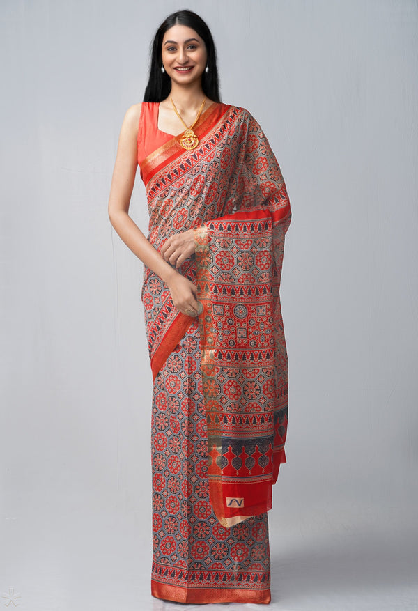 Multi Pure Ajrakh Mulmul Cotton Saree-UNM63609