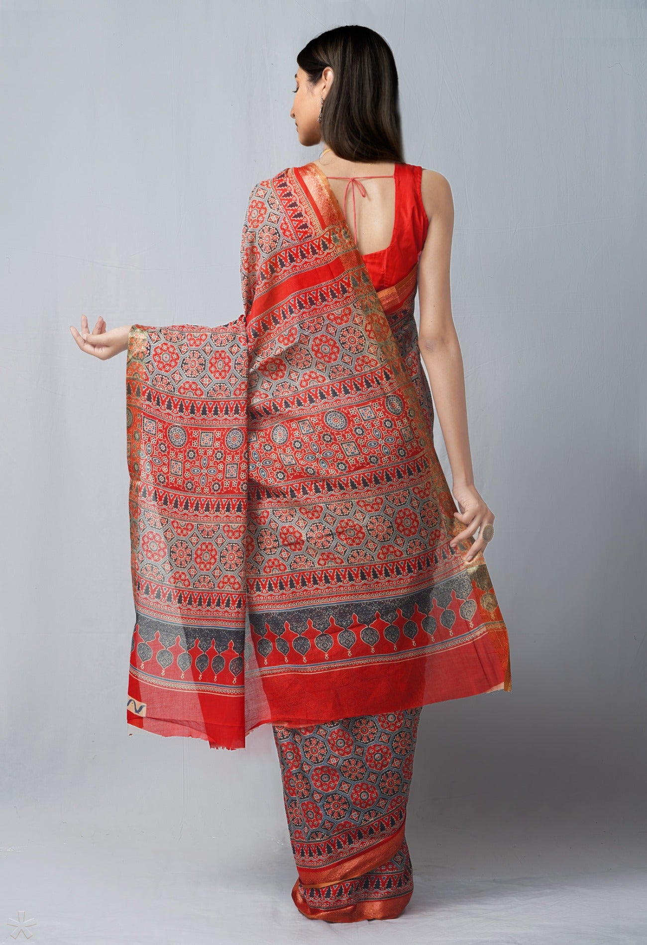Online Shopping for Multi Pure Ajrakh Mulmul Cotton Saree with Ajrakh from Rajasthan at Unnatisilks.com India

