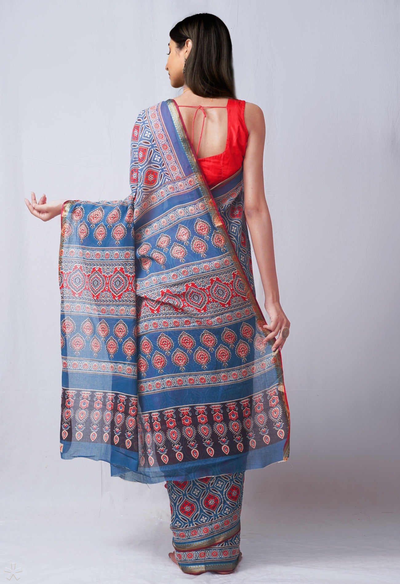 Online Shopping for Blue Pure Ajrakh Mulmul Cotton Saree with Ajrakh from Rajasthan at Unnatisilks.com India
