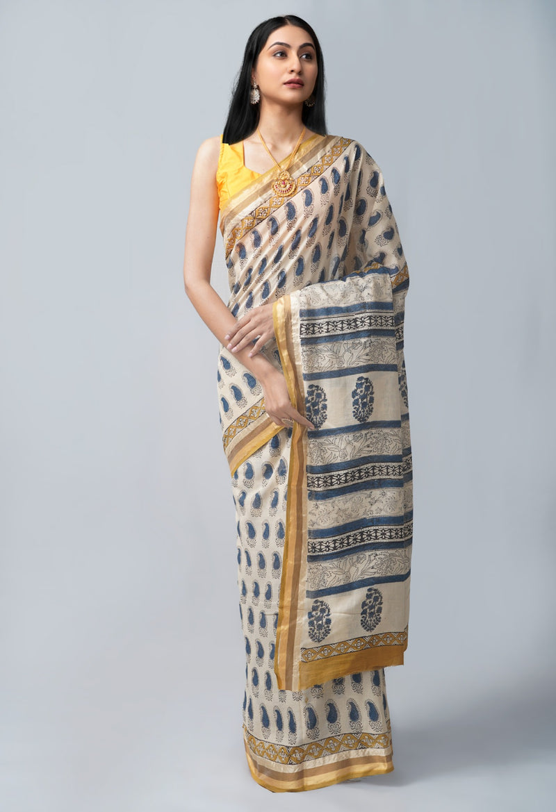 Online Shopping for Beige Pure Block Printed Superfine Mulmul Cotton Saree with Hand Block Prints from Rajasthan at Unnatisilks.com India
