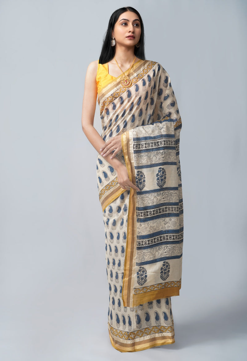 Online Shopping for Beige Pure Block Printed Superfine Mulmul Cotton Saree with Hand Block Prints from Rajasthan at Unnatisilks.com India
