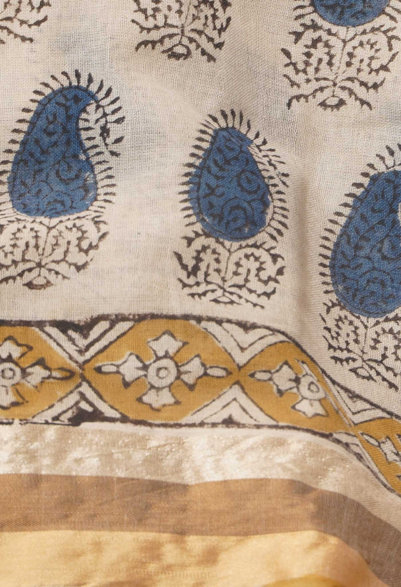 Beige Pure Block Printed Superfine Mulmul Cotton Saree