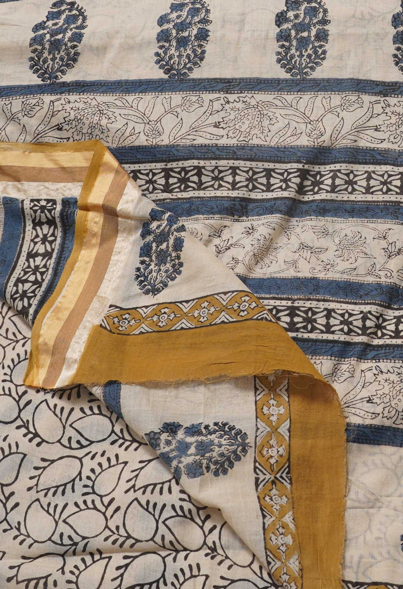 Online Shopping for Beige Pure Block Printed Superfine Mulmul Cotton Saree with Hand Block Prints from Rajasthan at Unnatisilks.com India
