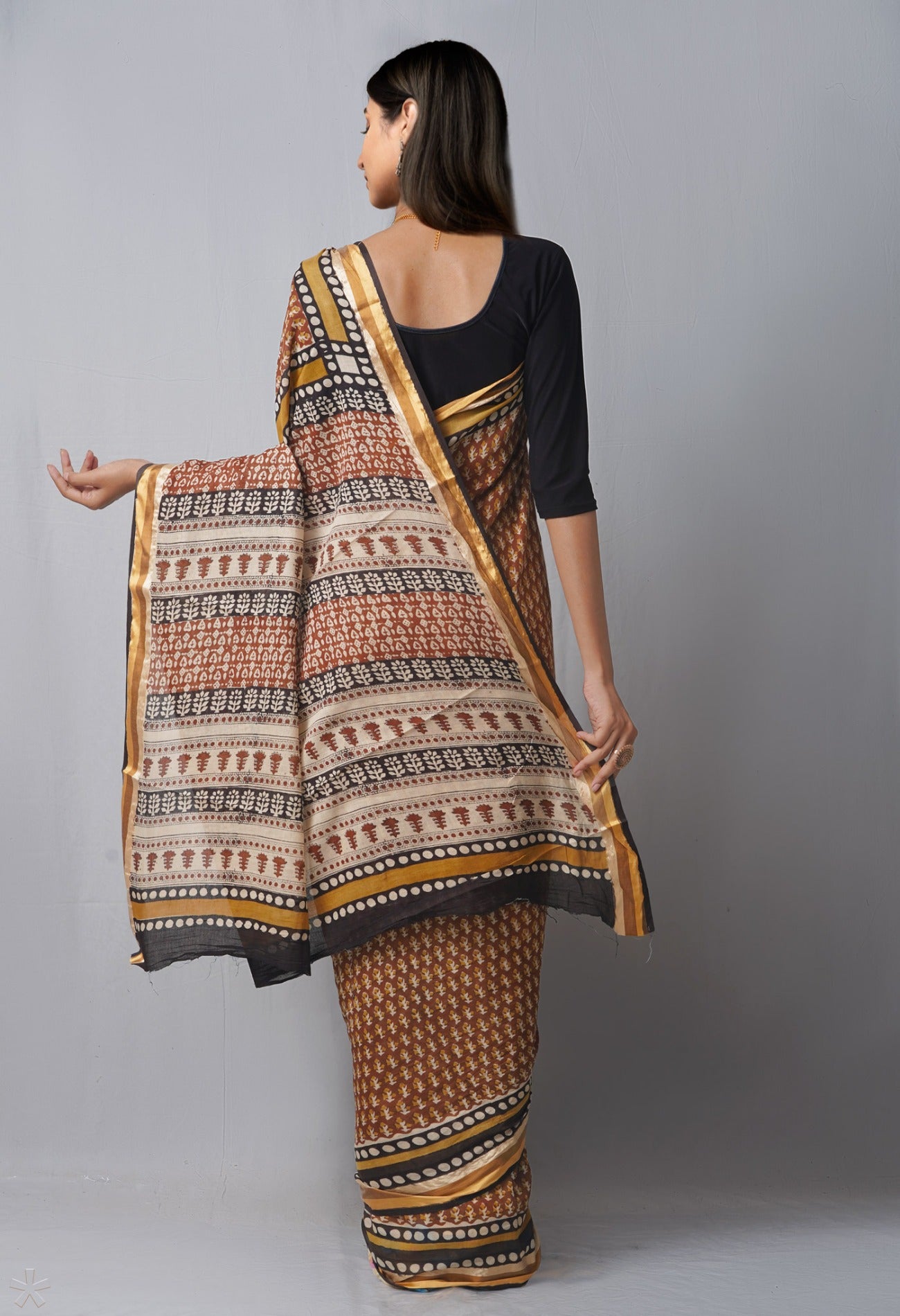 Online Shopping for Brown Pure Block Printed Superfine Mulmul Cotton Saree with Hand Block Prints from Rajasthan at Unnatisilks.com India
