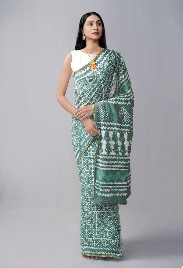 Green  Preet Dabu Mulmul Cotton Saree-UNM63633