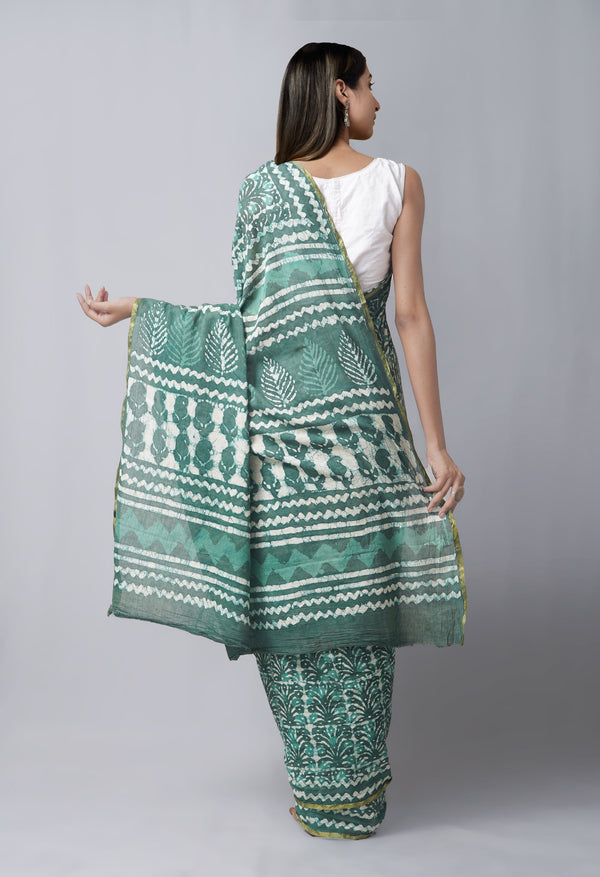 Green  Preet Dabu Mulmul Cotton Saree-UNM63633