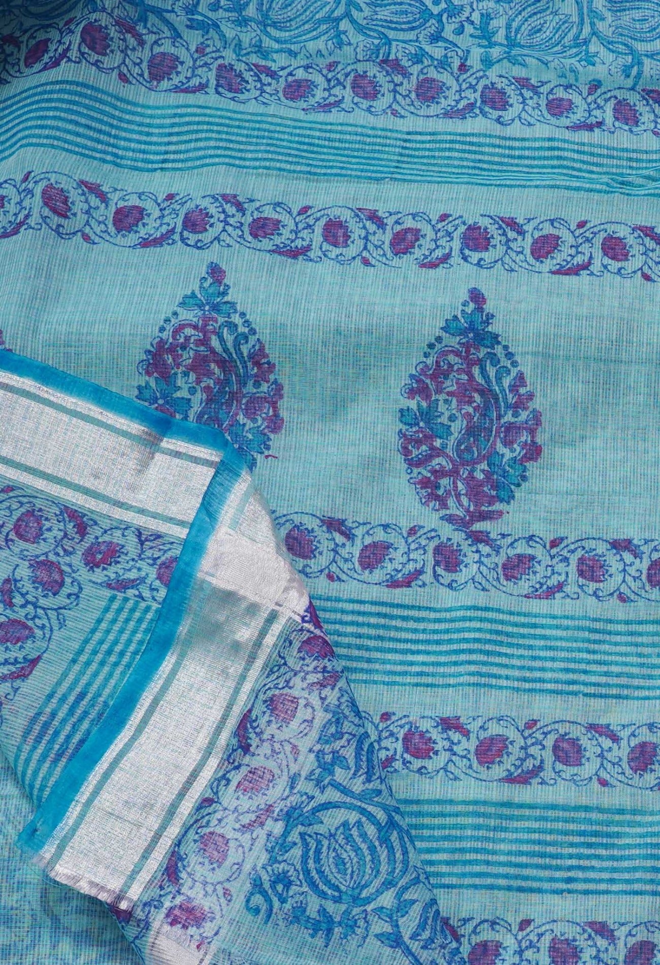 Blue Pure Block Printed Cotton Saree
