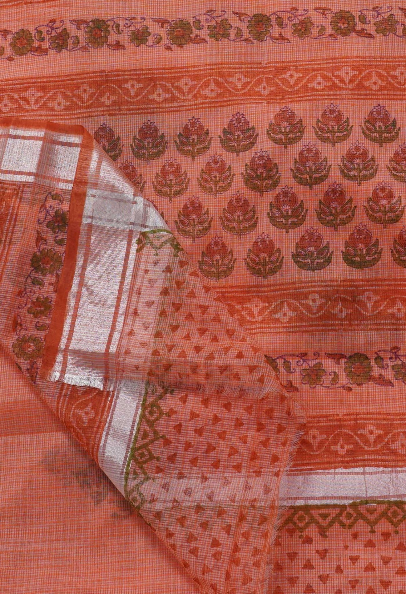 Orange Pure Block Printed Cotton Saree