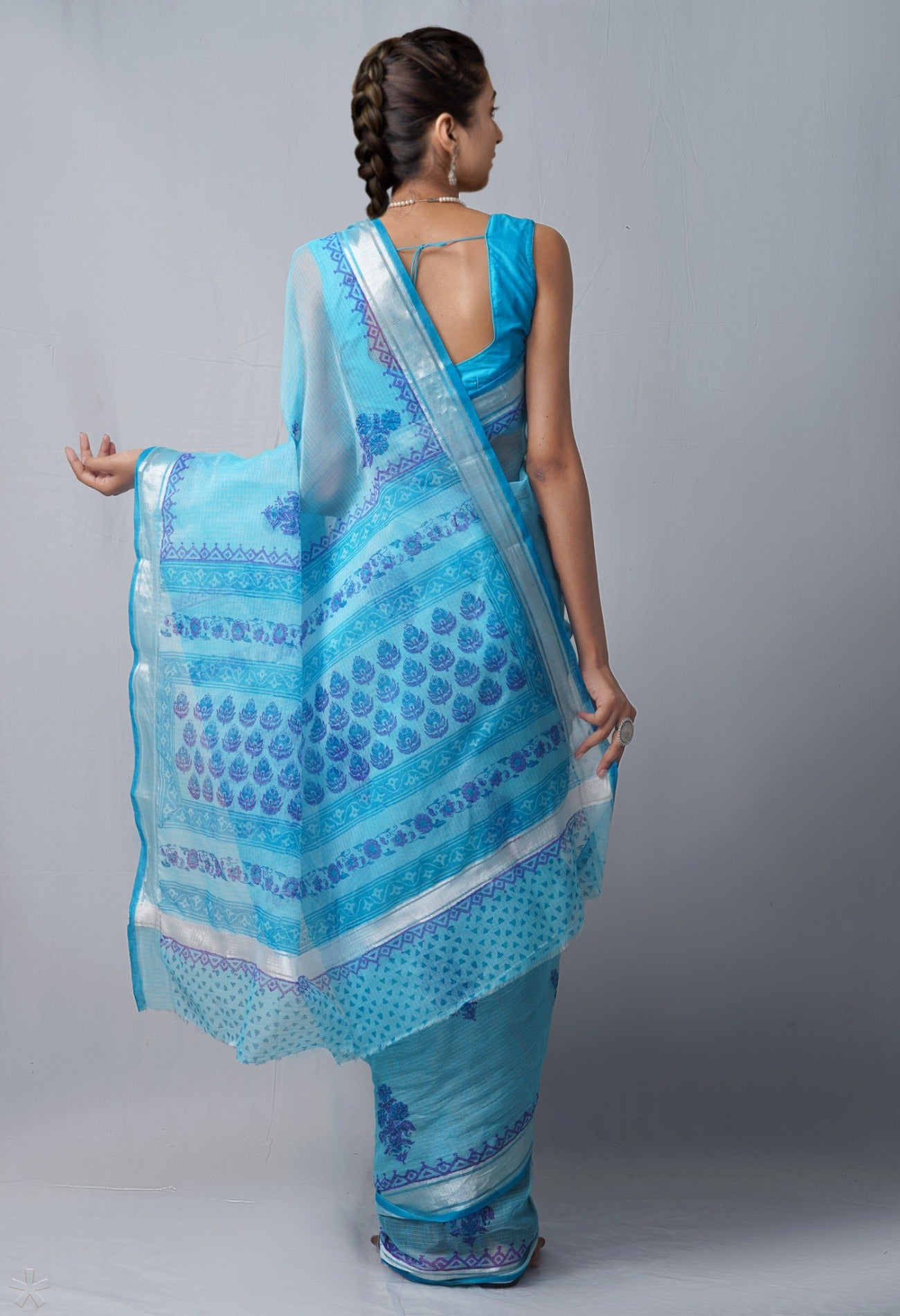 Online Shopping for Blue Pure Block Printed Cotton Saree with Hand Block Prints from Rajasthan at Unnatisilks.com India
