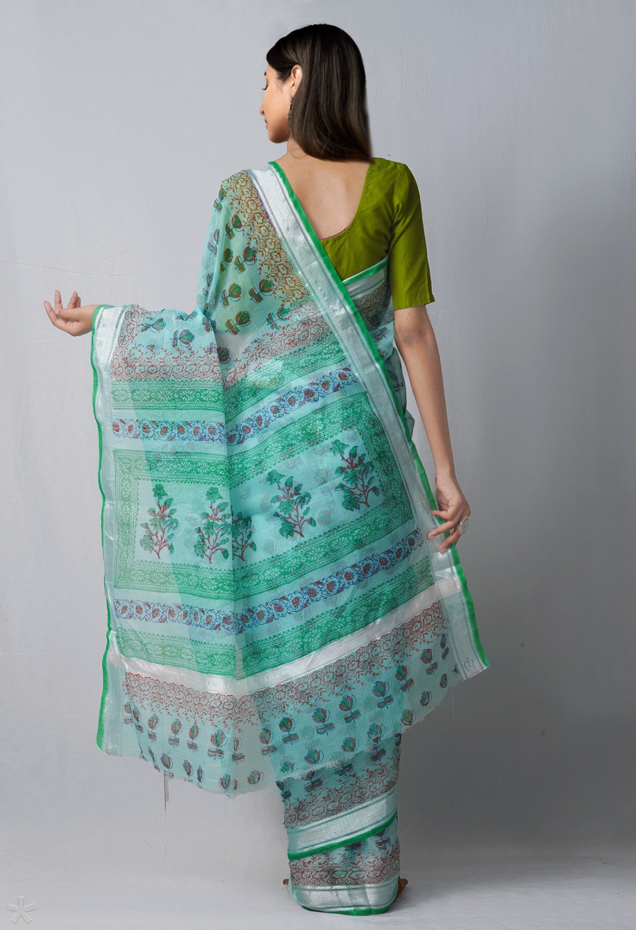 Online Shopping for Green Pure Block Printed Cotton Saree with Hand Block Prints from Rajasthan at Unnatisilks.com India
