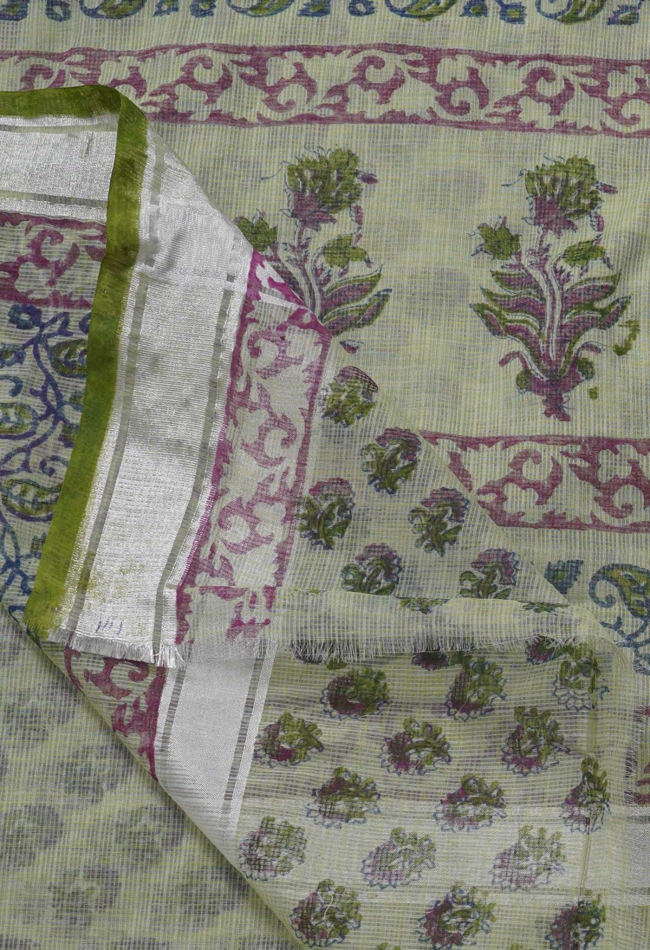 Green Pure Block Printed Cotton Saree