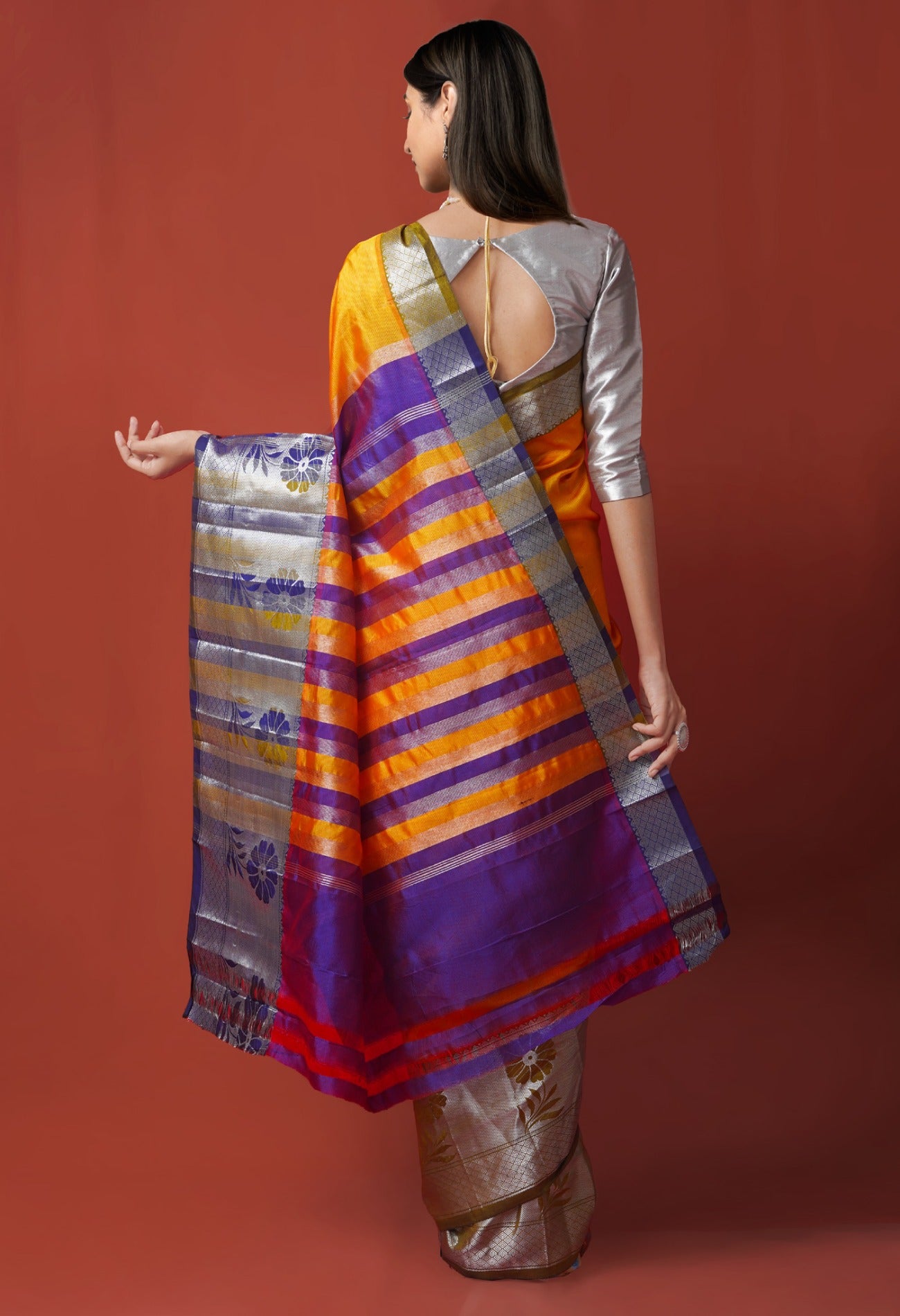 Online Shopping for Orange Pure Handloom Kanjivaram Pattu Silk Saree with Weaving from Tamil Nadu at Unnatisilks.com India
