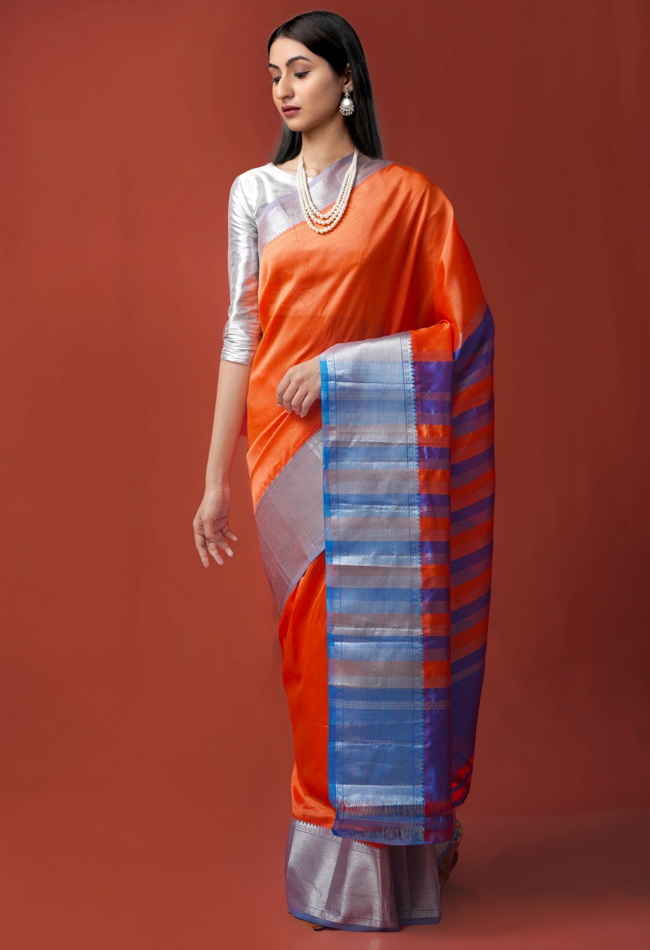 Online Shopping for Orange Pure Handloom Mangalgiri Pattu Silk Saree with Weaving from Andhra Pradesh at Unnatisilks.com India
