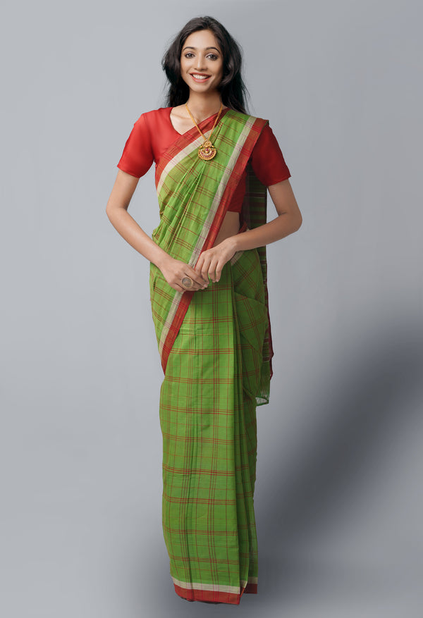 Green-Red Pure Handloom Andhra  Cotton Saree-UNM63756