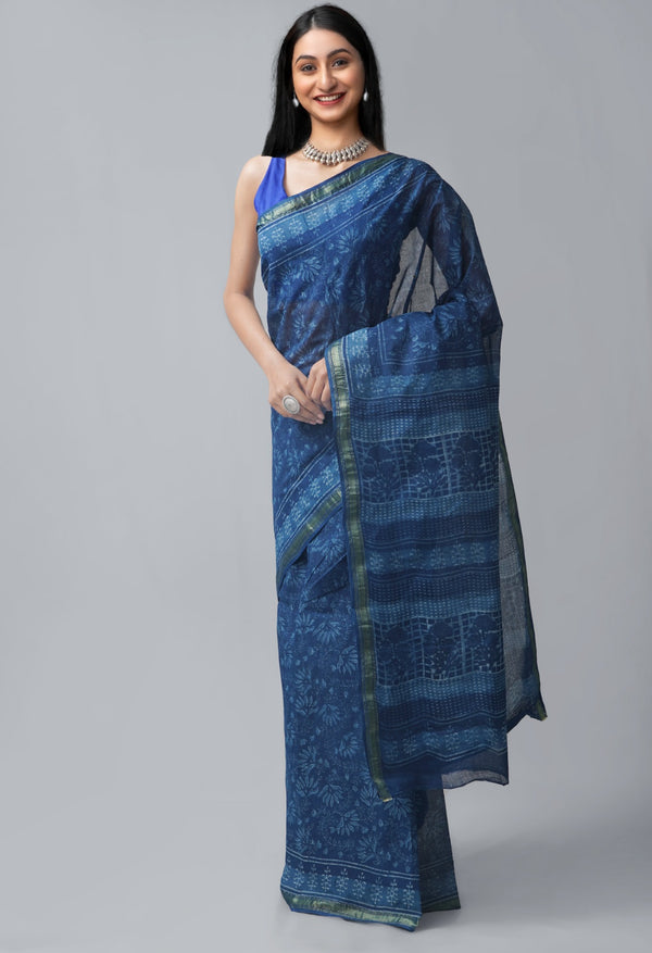 Online Shopping for Indigo Blue Pure Preet Dabu Mulmul Cotton Saree with Dabu from Rajasthan at Unnatisilks.com India
