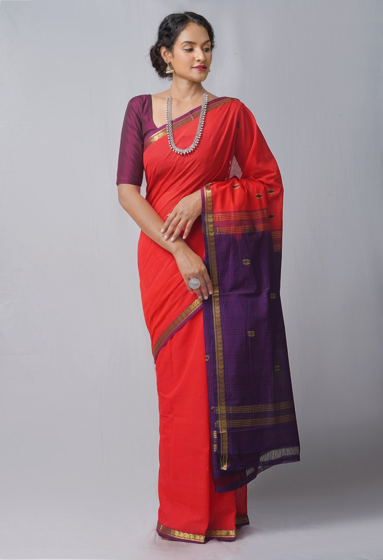Red-Navy Blue Pure Handloom South India Cotton Saree-UNM63812