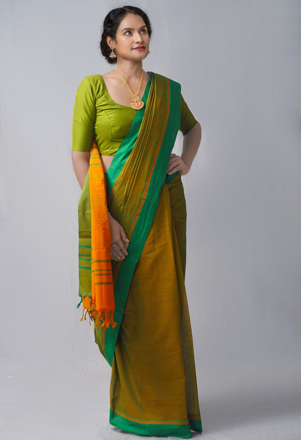 Green-Orange Pure Handloom Andhra Cotton Saree-UNM63833