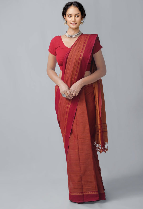 Online Shopping for Rust Orange-Red Pure Handloom Andhra Cotton Saree with Weaving from Andhra Pradesh at Unnatisilks.com India
