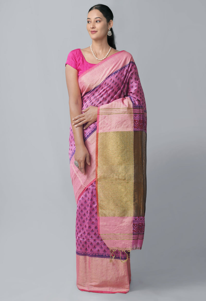 Pink Pure Handloom Bengal Linen Saree with Hand Block Prints-UNMP35083