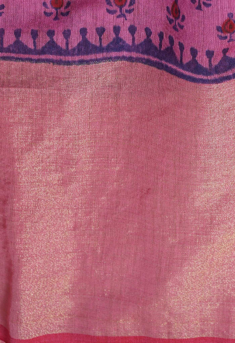 Pink Pure Handloom Bengal Linen Saree with Hand Block Prints-UNMP35083