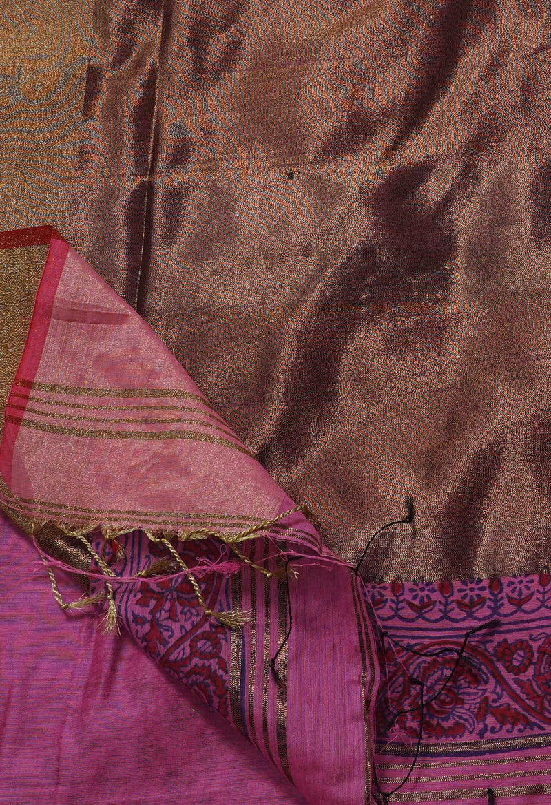 Pink Pure Handloom Bengal Linen Saree with Hand Block Prints-UNMP35083