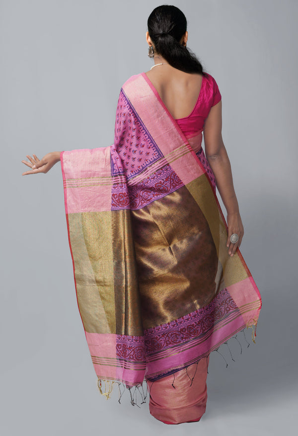 Pink Pure Handloom Bengal Linen Saree with Hand Block Prints-UNMP35083