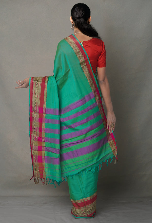 Green Pure Handloom Narayanpet Silk Cotton Saree with Tassels-UNM63985