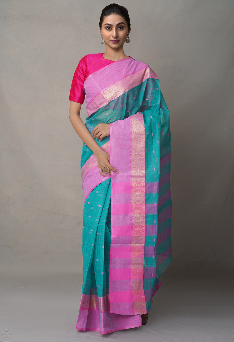 Blue Pure Handloom Bengal Cotton Tant Saree