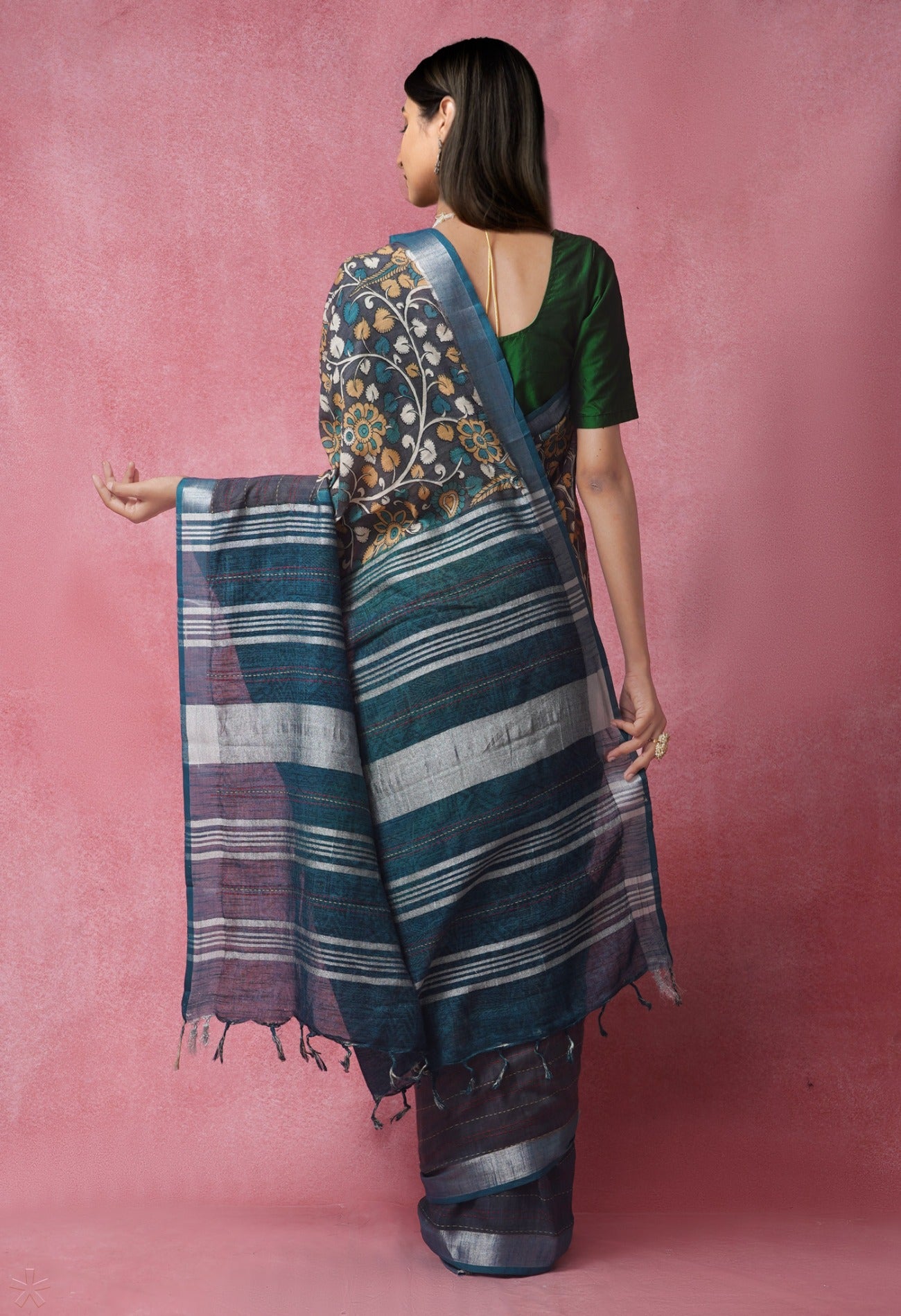 Online Shopping for Grey Pure Kalamkari Linen  Cotton Saree with Kantha from Madhya Pradesh at Unnatisilks.com India
