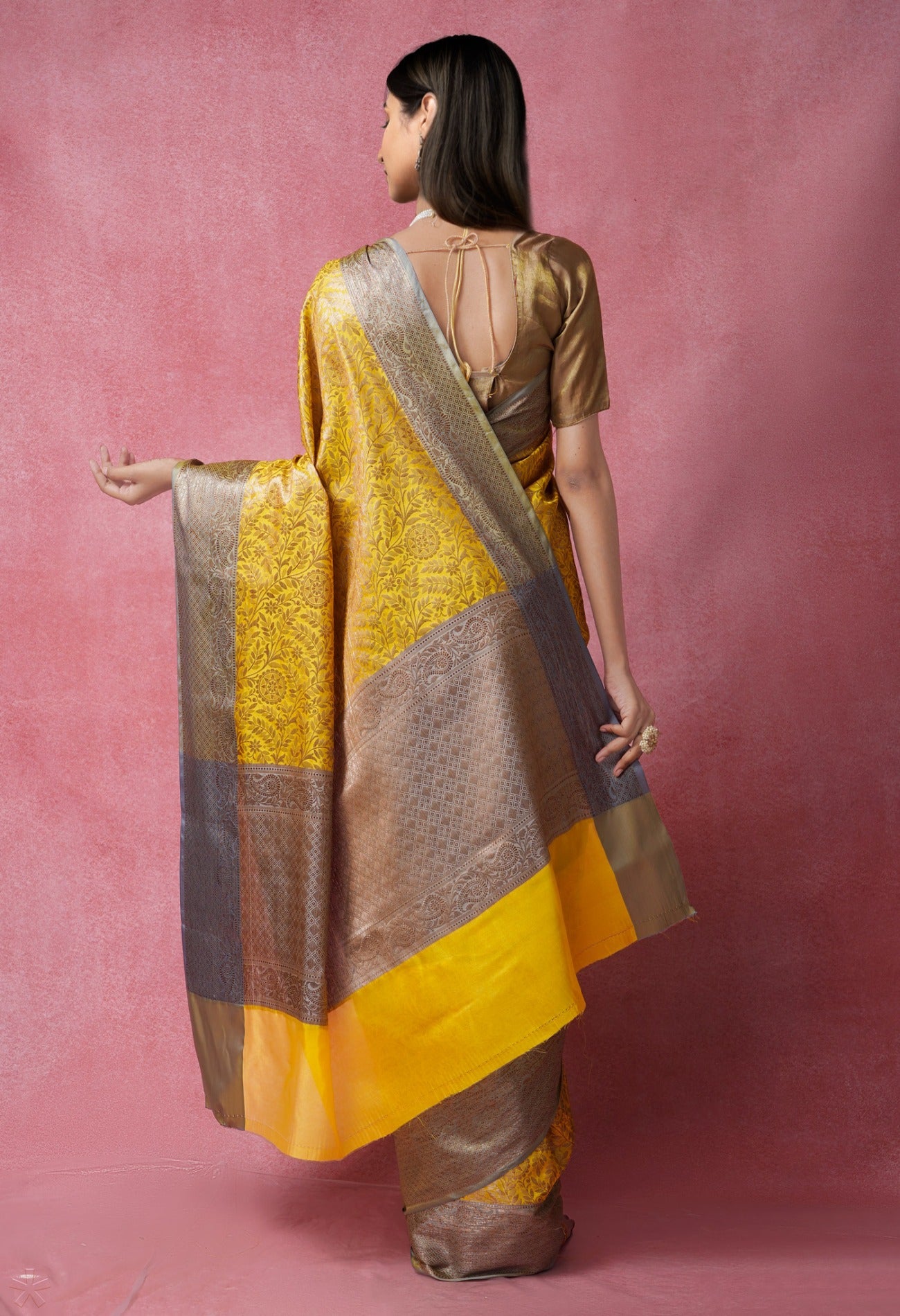 Online Shopping for Yellow Banarasi Sico Saree with Weaving from Uttar Pradesh at Unnatisilks.com India
