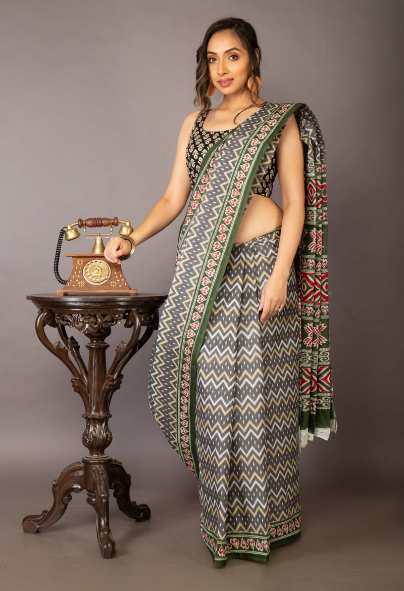 Online Shopping for Grey-Green Pure Krisha Block Printed  Cotton Saree with Hand Block Prints from Rajasthan at Unnatisilks.com India

