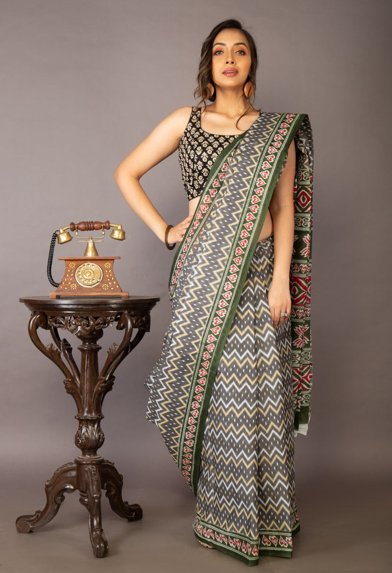 Grey-Green Pure Krisha Block Printed  Cotton Saree Without Blouse-UNM64320