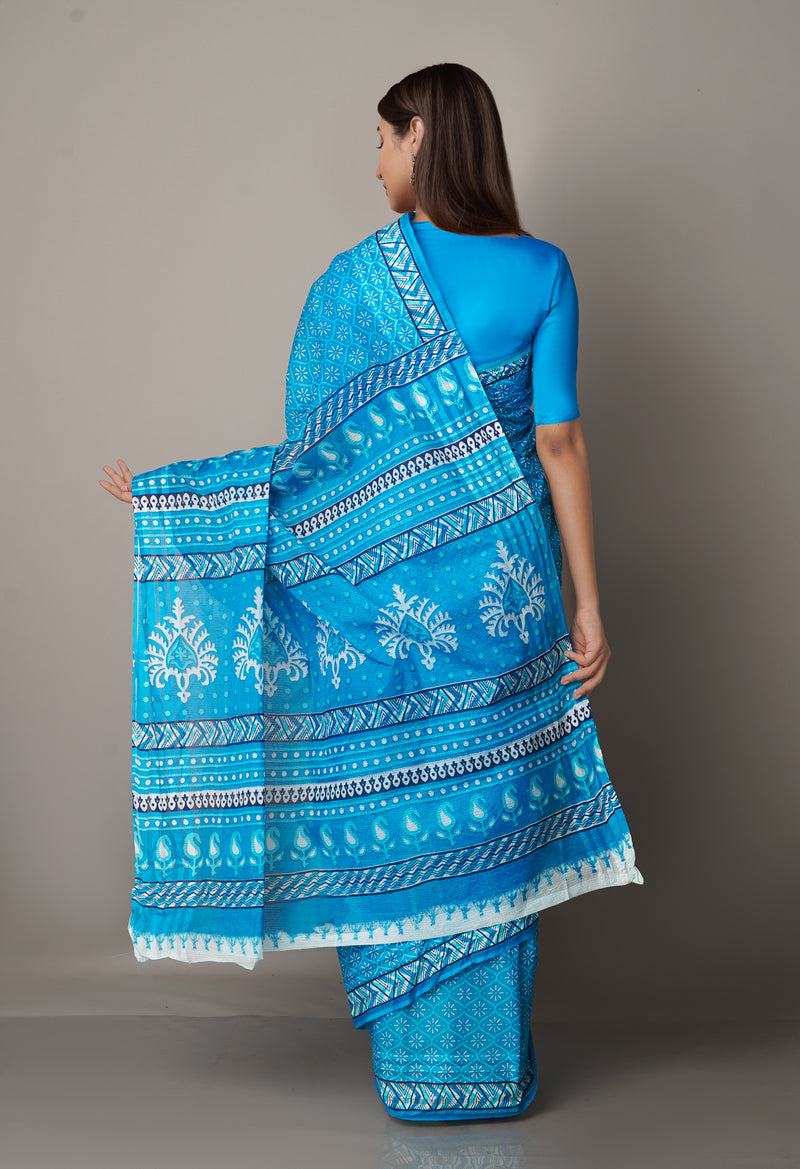 Blue Pure Krisha Block Printed  Cotton Saree-UNM64326