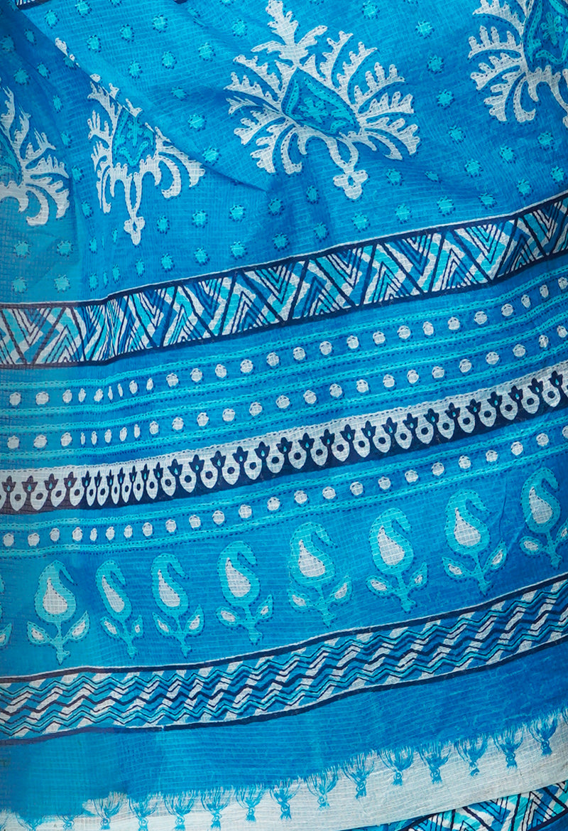 Blue Pure Krisha Block Printed  Cotton Saree-UNM64326