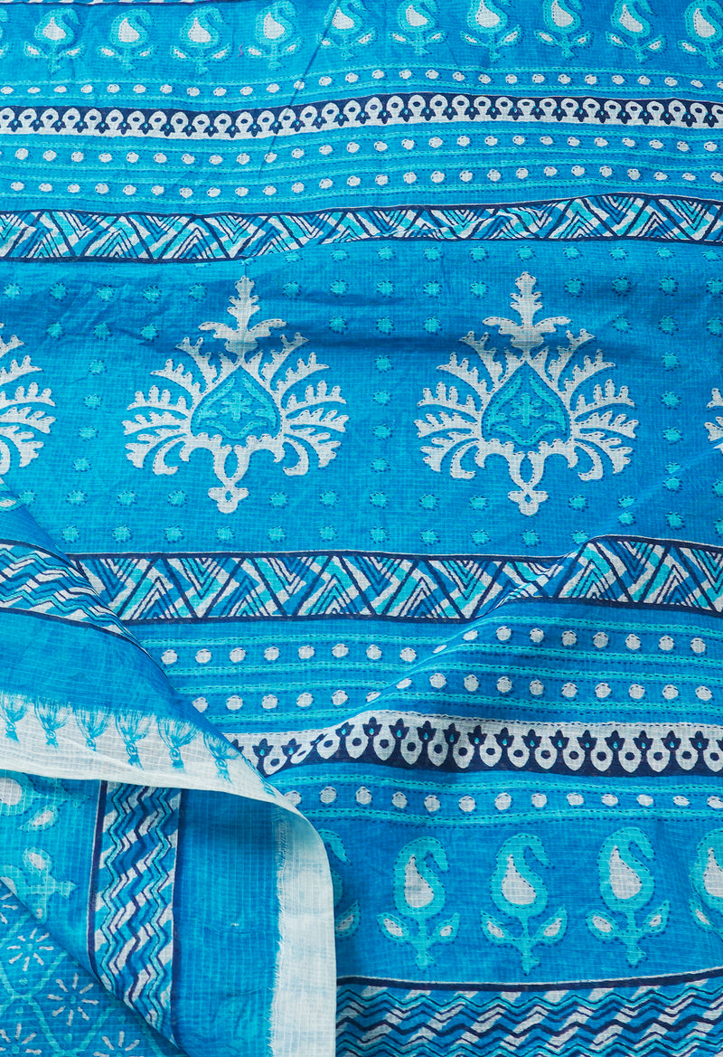 Blue Pure Krisha Block Printed  Cotton Saree-UNM64326