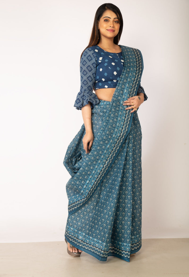 Online Shopping for Blue Pure Krisha Block Printed  Cotton Saree with Hand Block Prints from Rajasthan at Unnatisilks.com India
