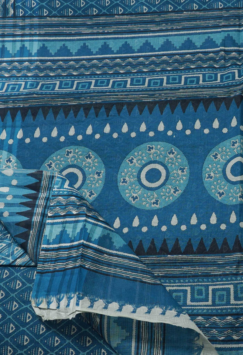Online Shopping for Blue Pure Krisha Block Printed  Cotton Saree with Hand Block Prints from Rajasthan at Unnatisilks.com India
