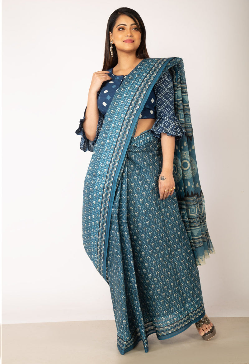 Online Shopping for Blue Pure Krisha Block Printed  Cotton Saree with Hand Block Prints from Rajasthan at Unnatisilks.com India
